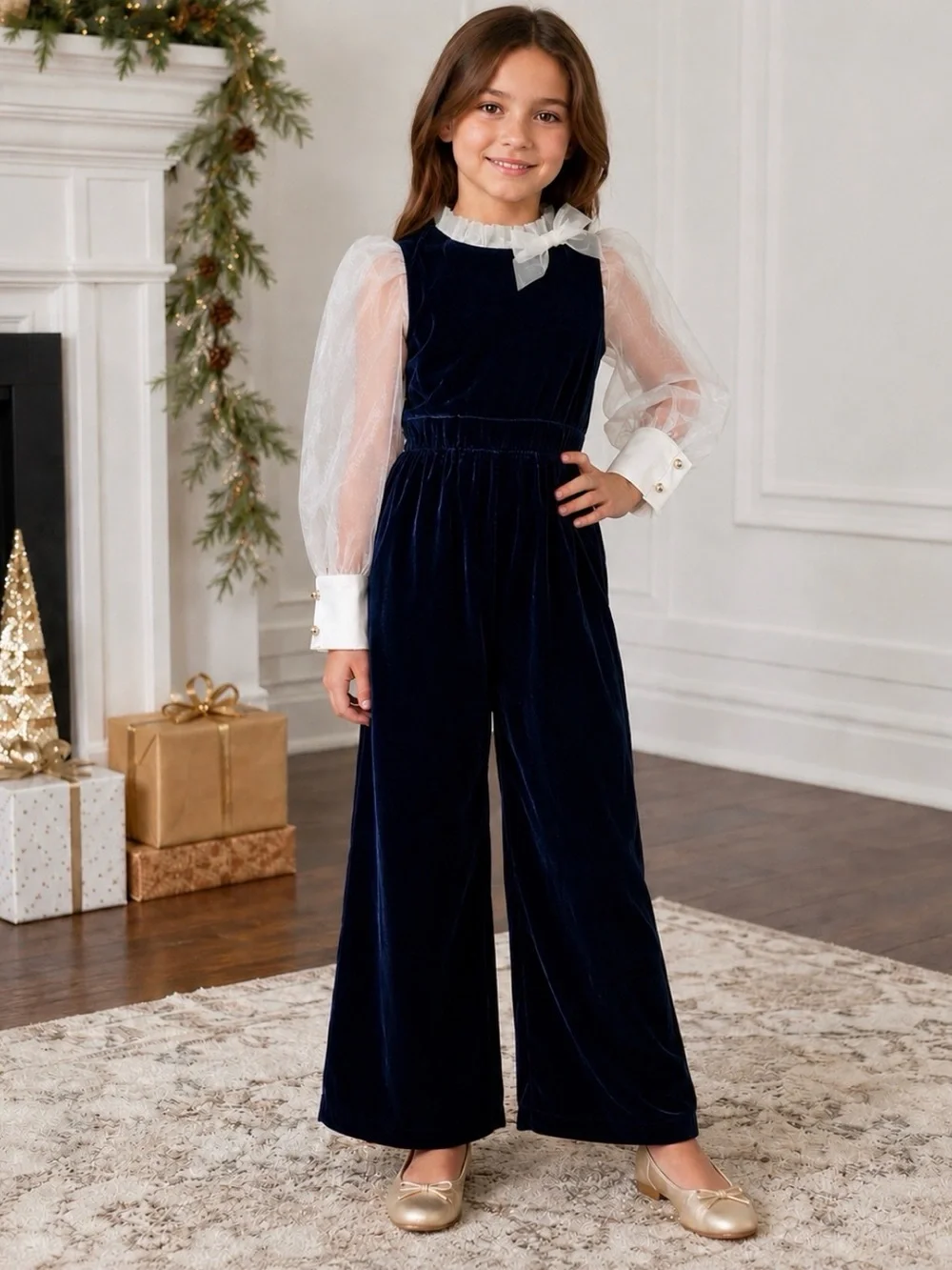 Janie and Jack, Girls Navy Blue Velvet Wide Leg Holiday Jumpsuit, Size 5 EUC